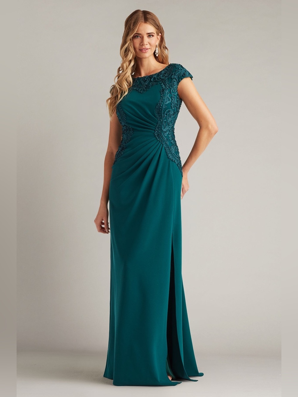Tadashi Shoji Johari embroidered illusion gown in tea leaf teal blue green